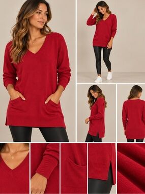 Willi Smith Red V-Neck Pocket Sweater Tunic